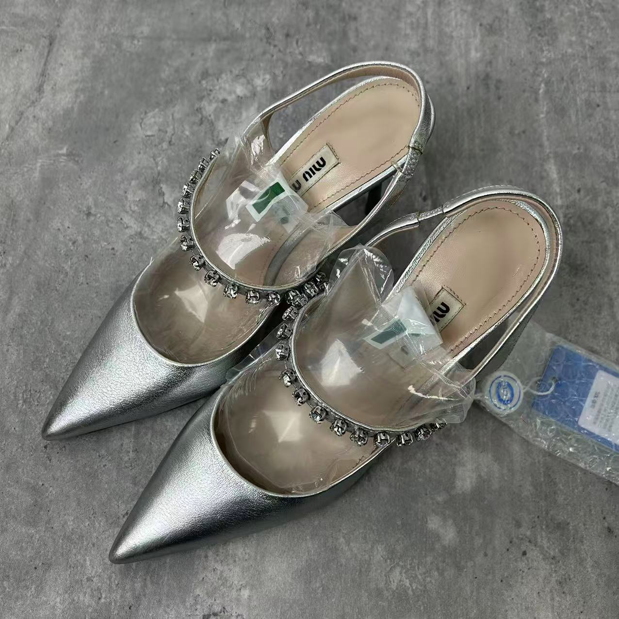 99新 MIU MIU/缪缪 36码/仔仔女鞋/银色钻石一字带高跟凉鞋 1591 
