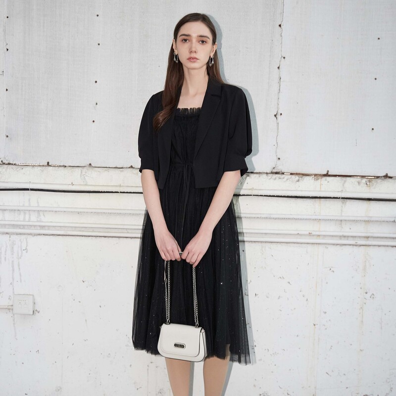 sdeer圣迪奥时尚女装法式优雅网纱收腰吊带连衣裙套装S24261408