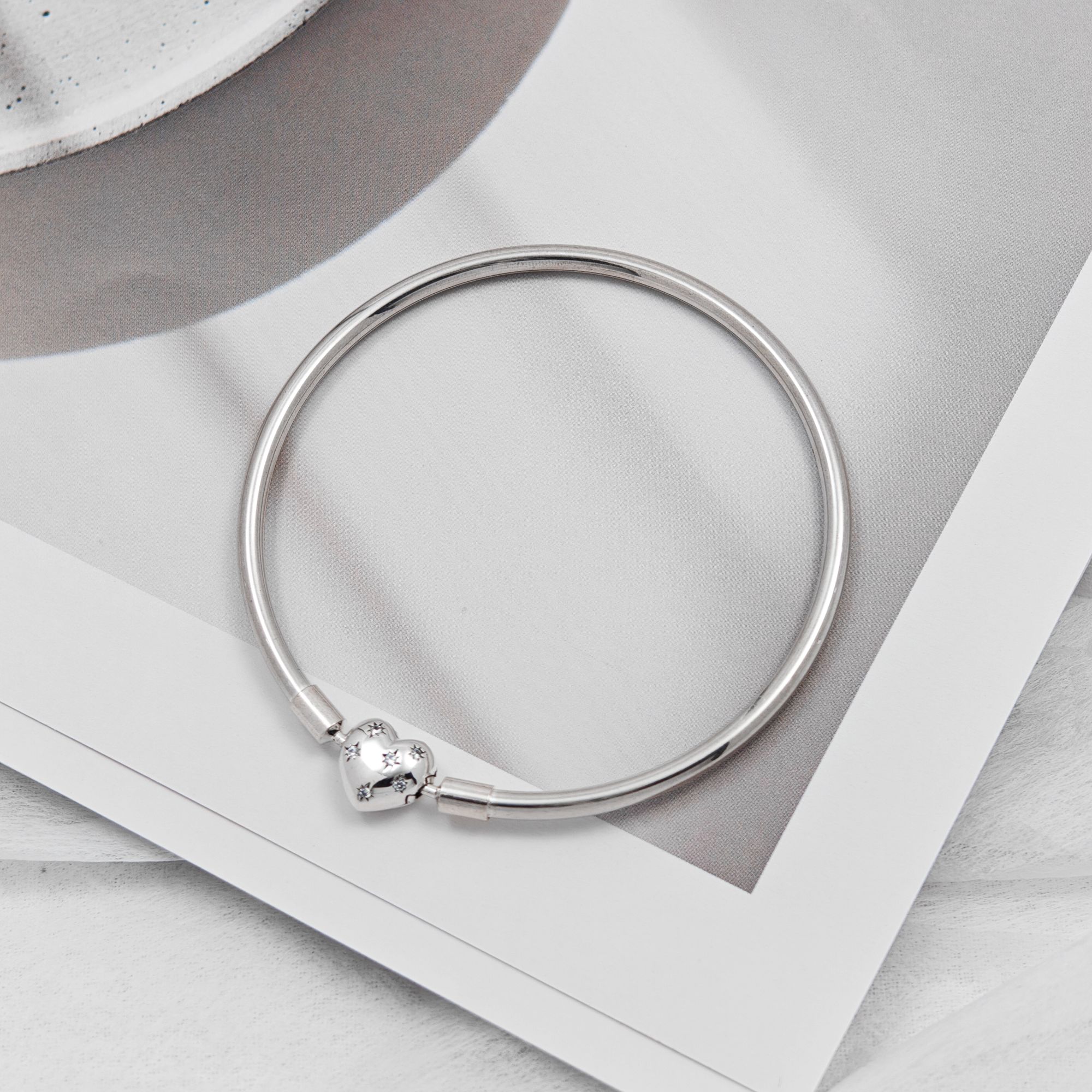 925银手镯 爱心芒星银手镯厚壁中空diy搭配店内珠子