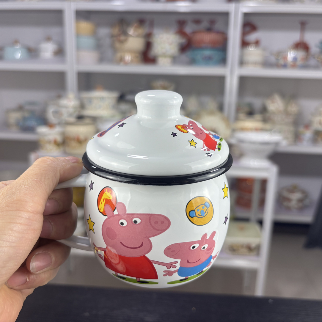 350ml家用珐琅搪瓷创意胖肚杯喝水咖啡杯带盖马克杯搪瓷杯杯子