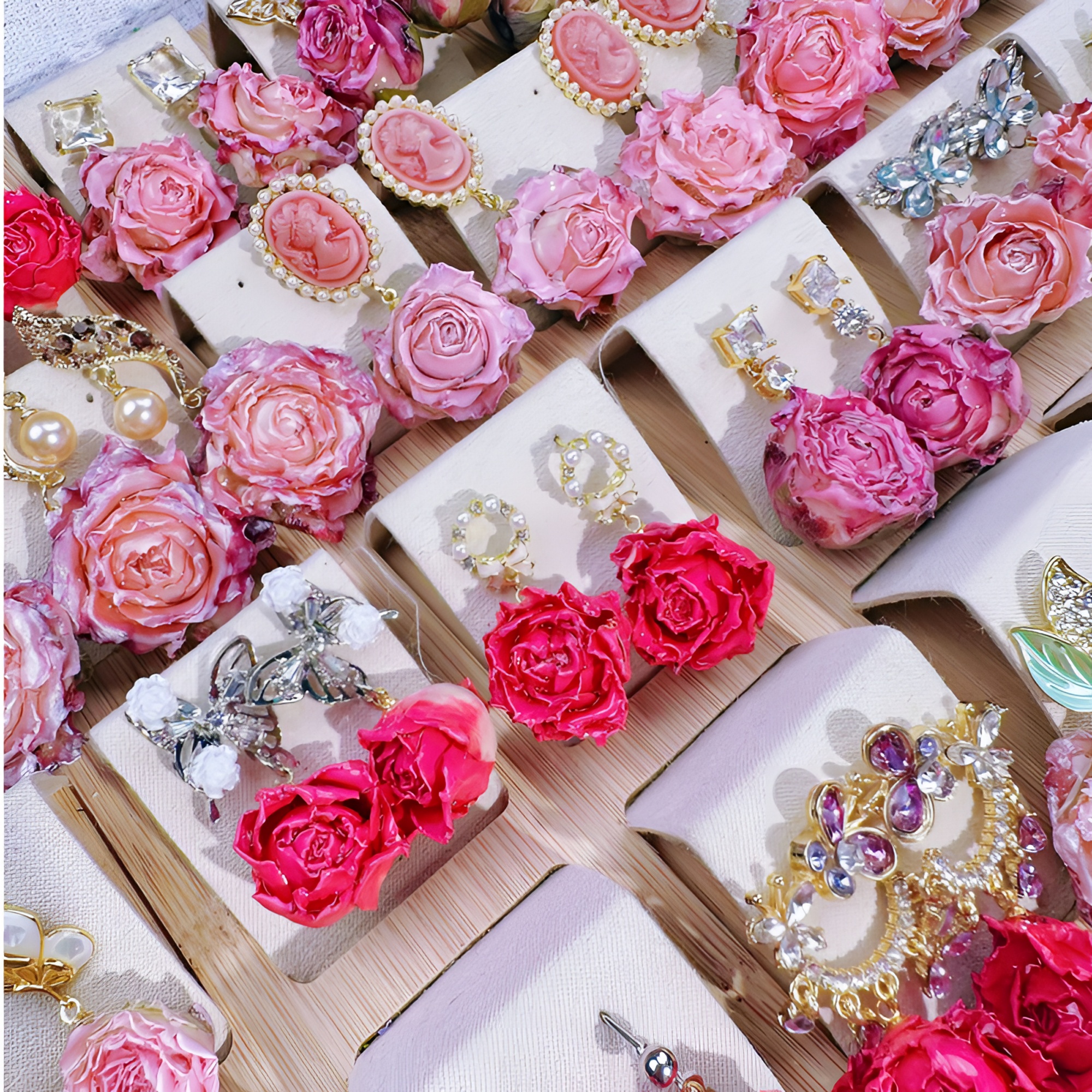 铜合金树脂耳饰 永生粉玫瑰鲜花工艺耳饰 百搭甜美气质小众不撞款