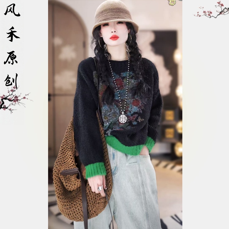 风禾原创【98956】冬季新款时尚气质加厚保暖圆领印花蝴蝶套头衫