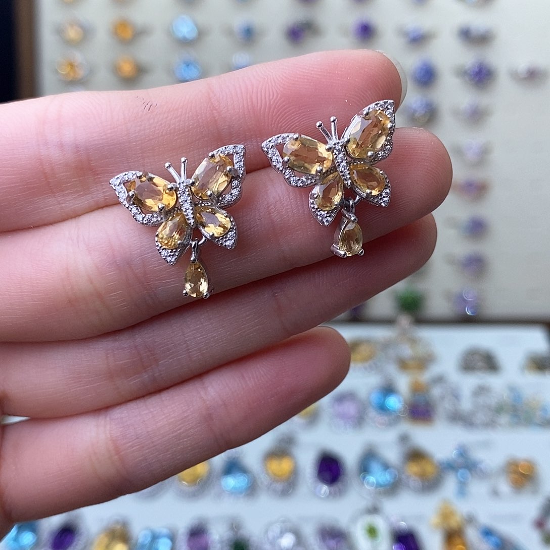 黄晶耳饰银S925镶嵌（一物一证）