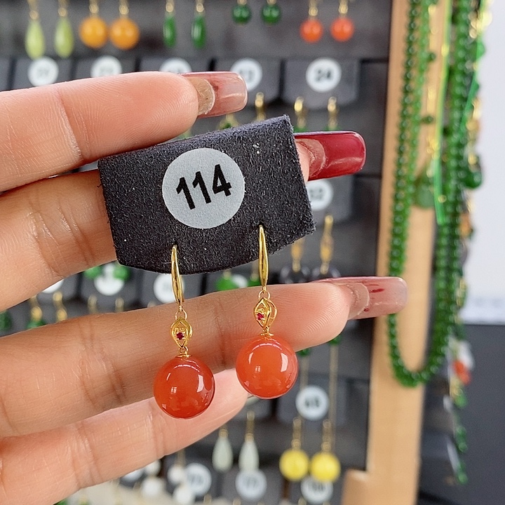 南红玛瑙耳饰18K金镶嵌