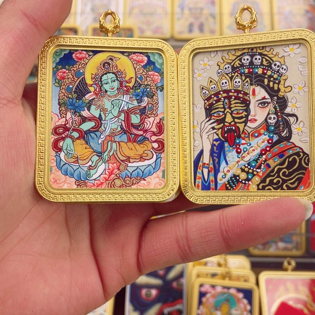 吊坠纯手绘唐卡双面绿度母前世今生