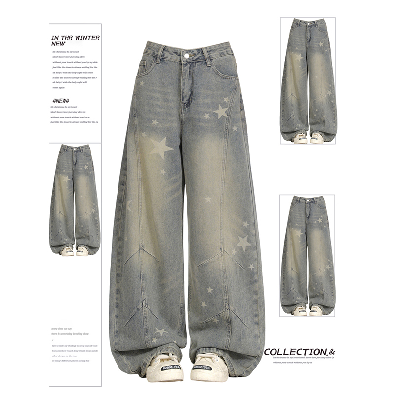300斤美式拼接做旧印花弯刀牛仔裤女新款胖mm高腰宽松显瘦阔腿裤