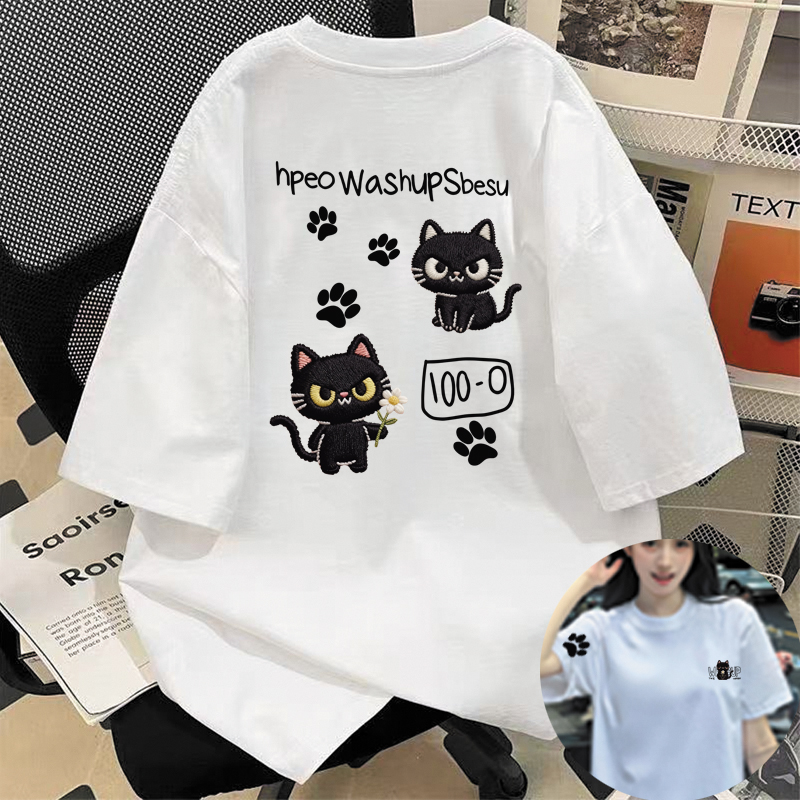 学院风印花潮流卡通猫印花女T恤韩版短袖t恤ins圆领休闲圆领白色