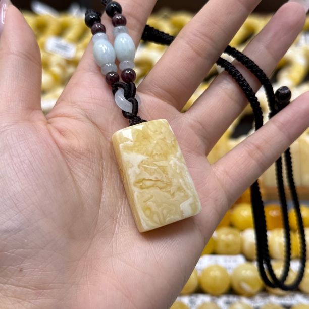 兰蜜珠宝天然原矿琥珀蜜蜡千层雪虎皮平安无事牌35✖️22✖️12mm