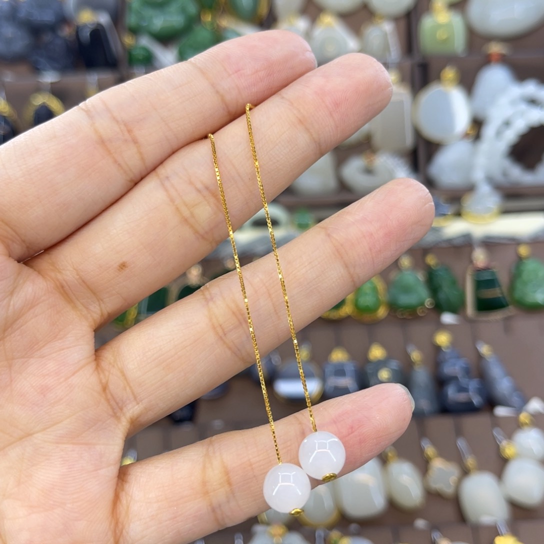 和田玉银S925镀金镶嵌耳线