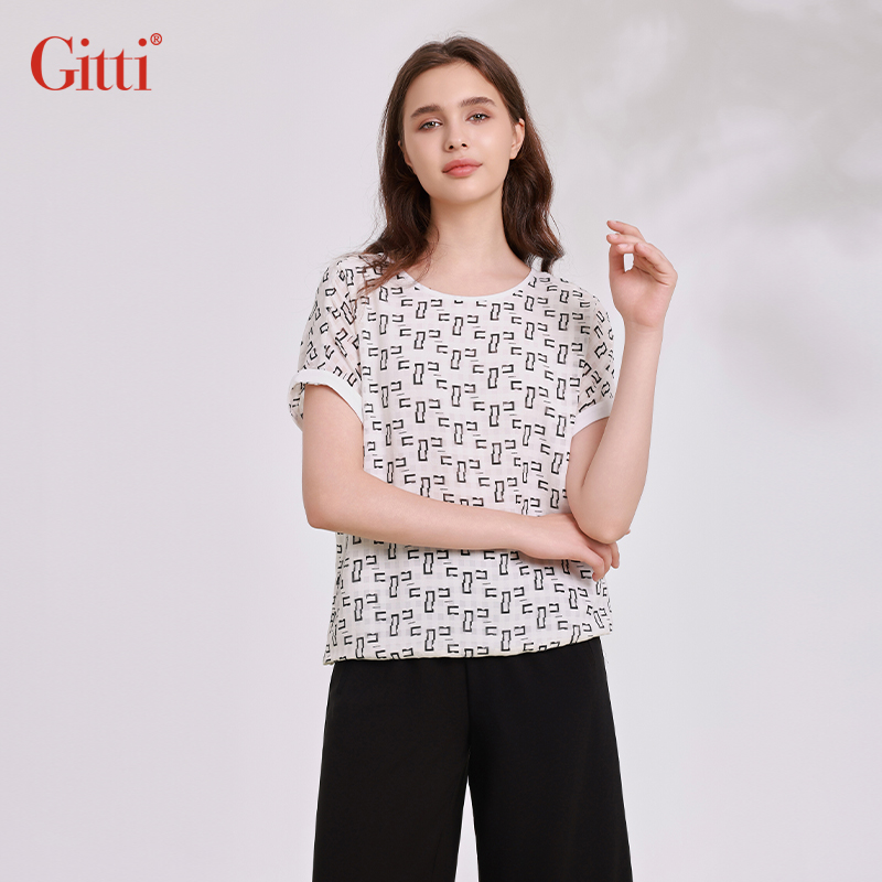 Gitti/吉蒂连肩袖圆领印花T恤女宽松大码短袖上衣G251487
