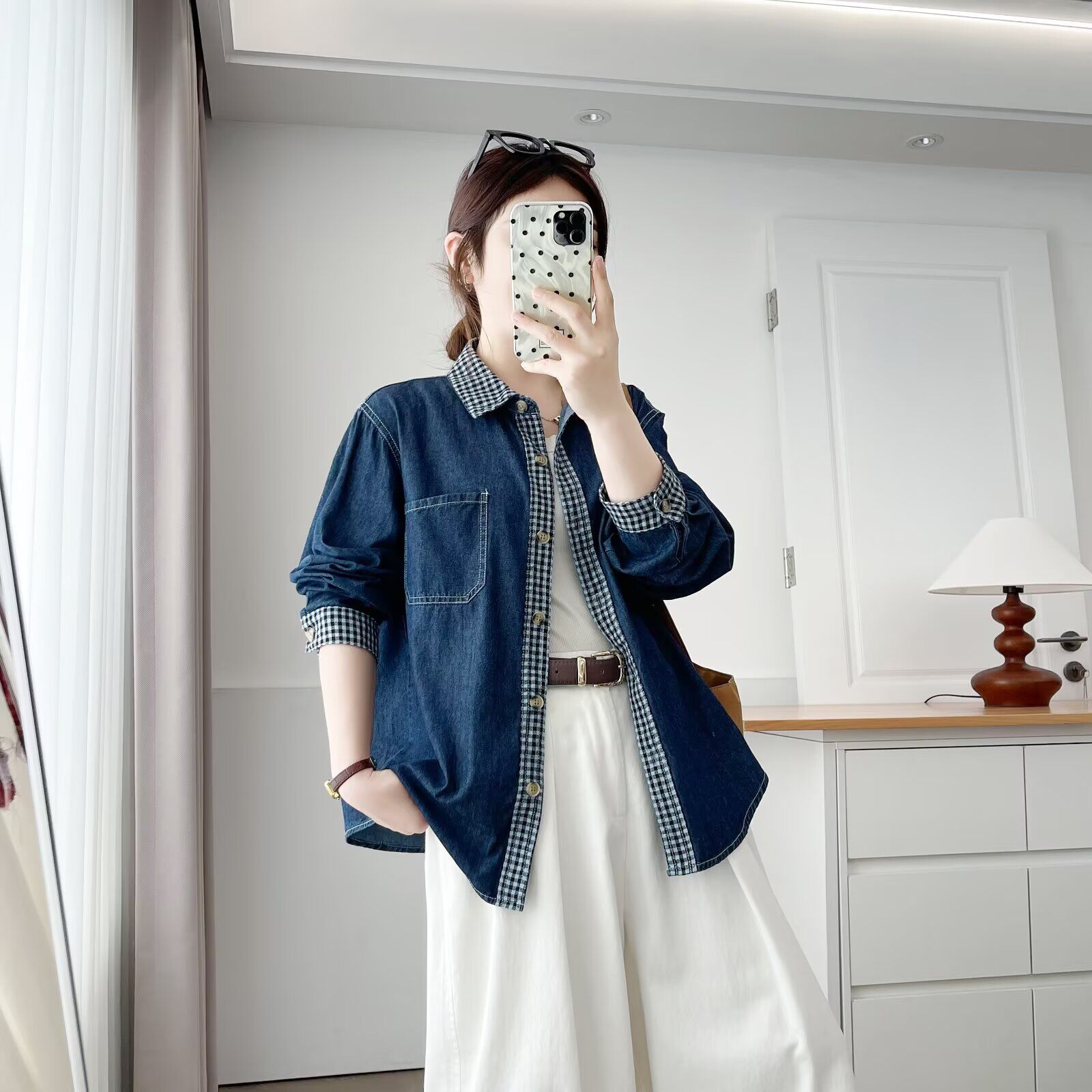 大码胖妹妹200斤长袖衬衫2025秋季新款显瘦格子拼接休闲牛仔上衣
