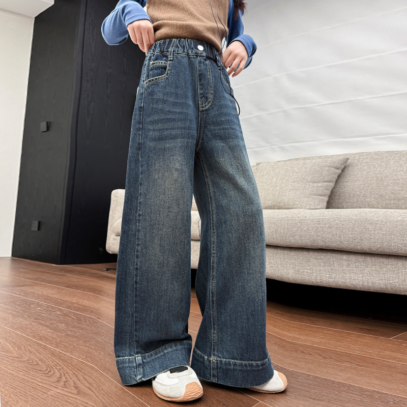 女童牛仔裤春秋款2025新款儿童洋气宽松阔腿裤中大童秋季直筒裤子
