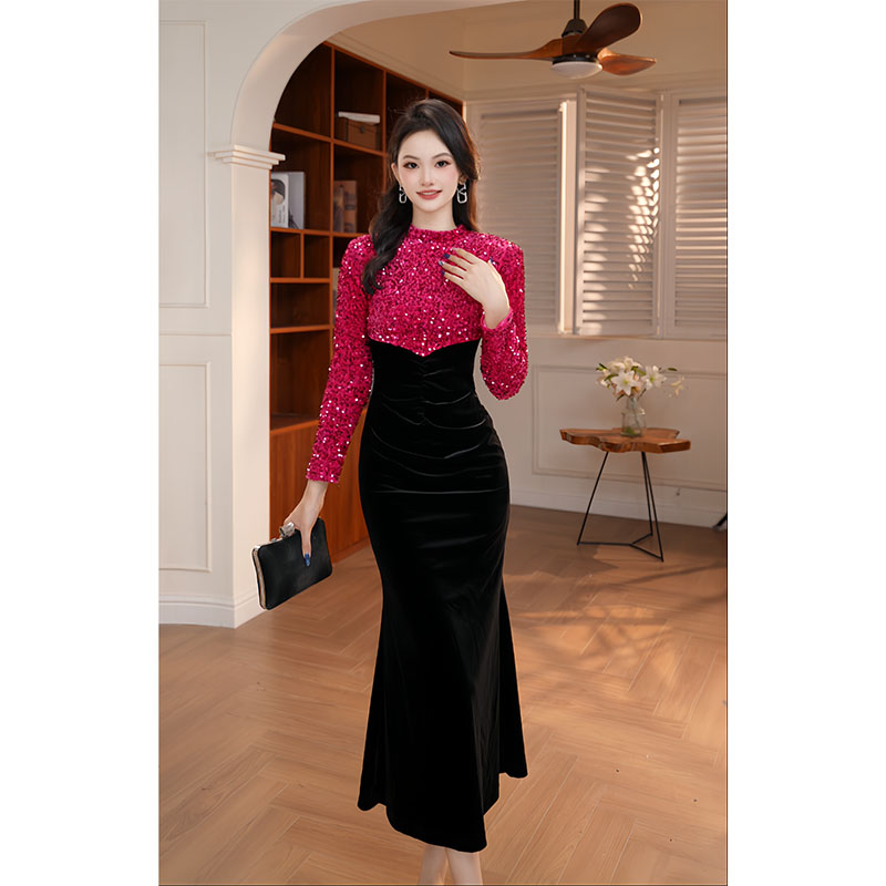 【香香定制】新款法式时尚港风修身显瘦气质拼接亮片连衣裙21595