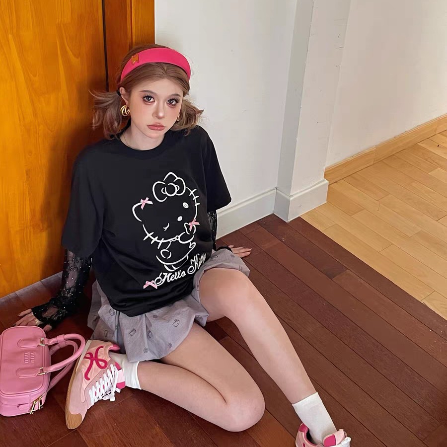 SKip Smile 甜美可爱 蝴蝶结猫咪图案蕾丝袖拼接T恤女 秋宽松上衣