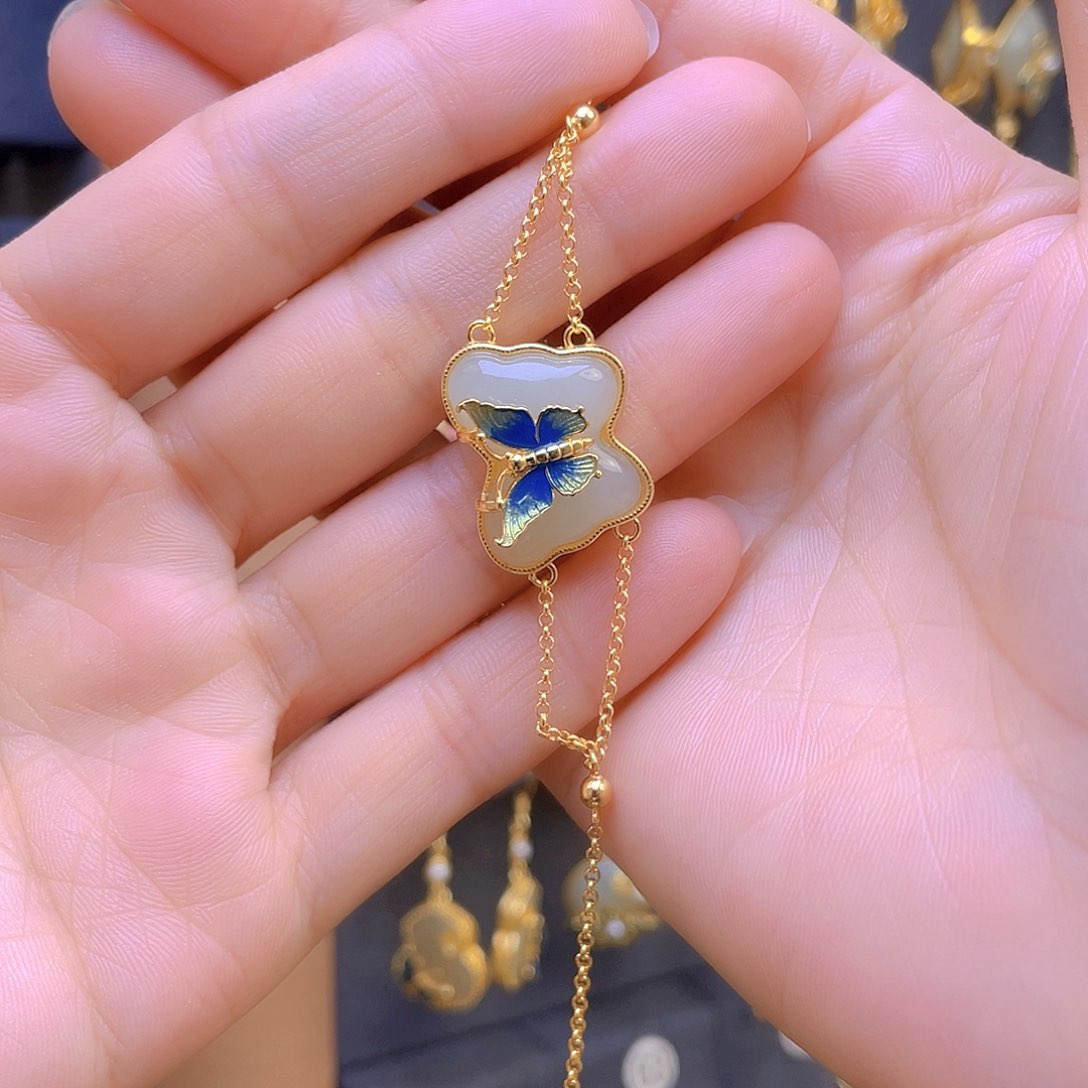 和田玉手链银S925镀金镶嵌