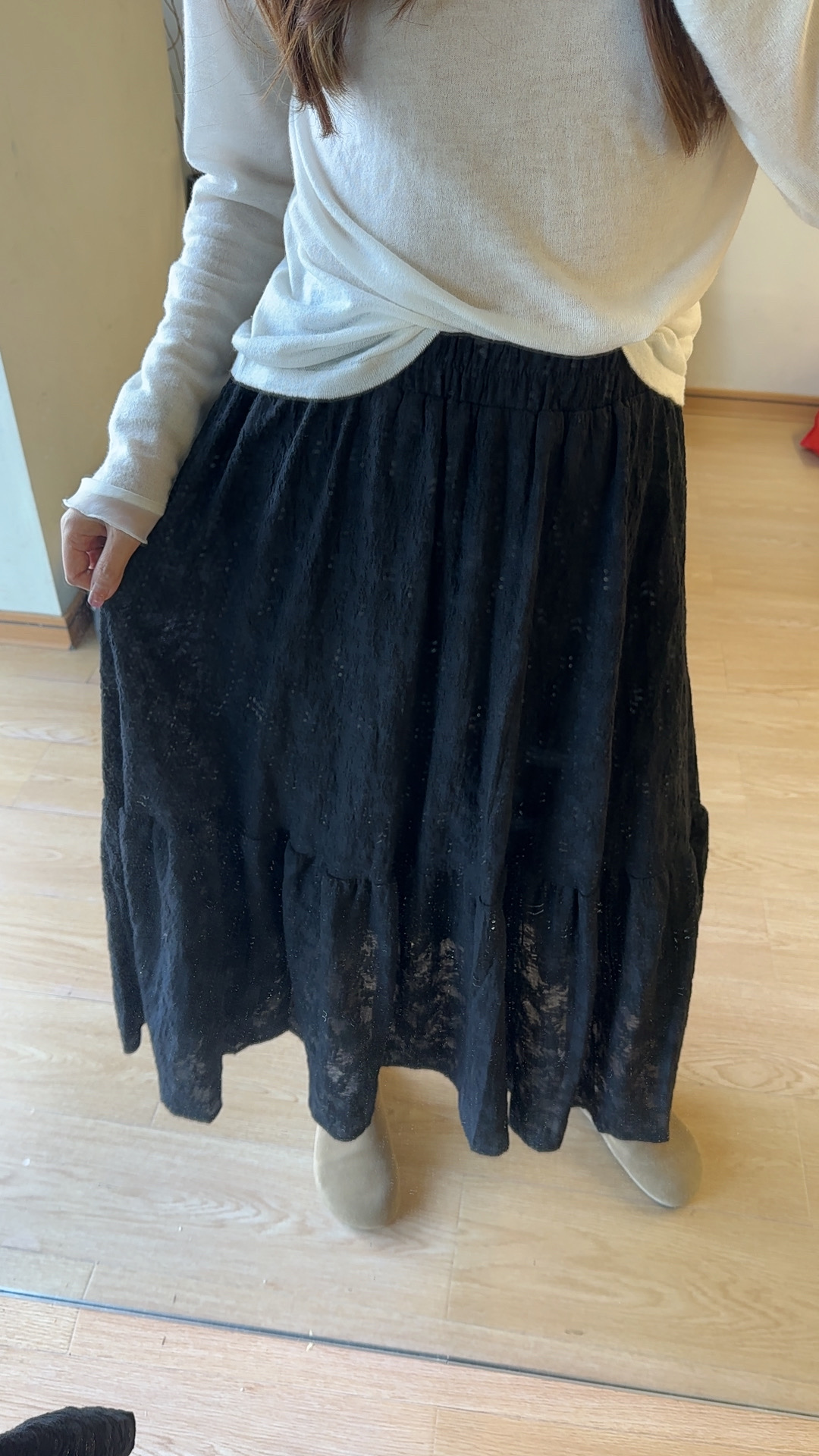 【米乐韩国正品】25秋冬气质微绒蕾丝半身裙/N0退N0换