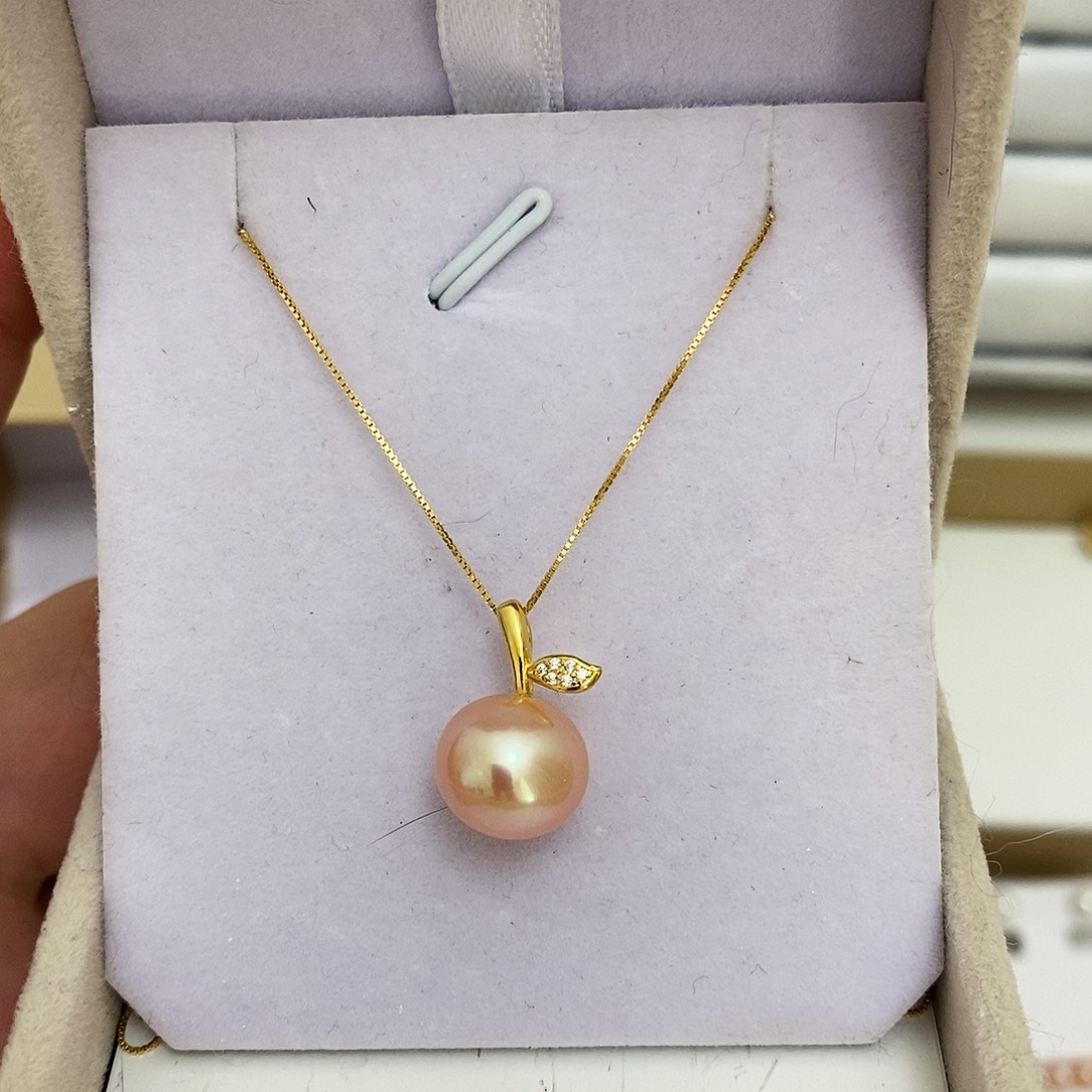 银S925镶嵌淡水珍珠中国红小苹果吊坠11.2m