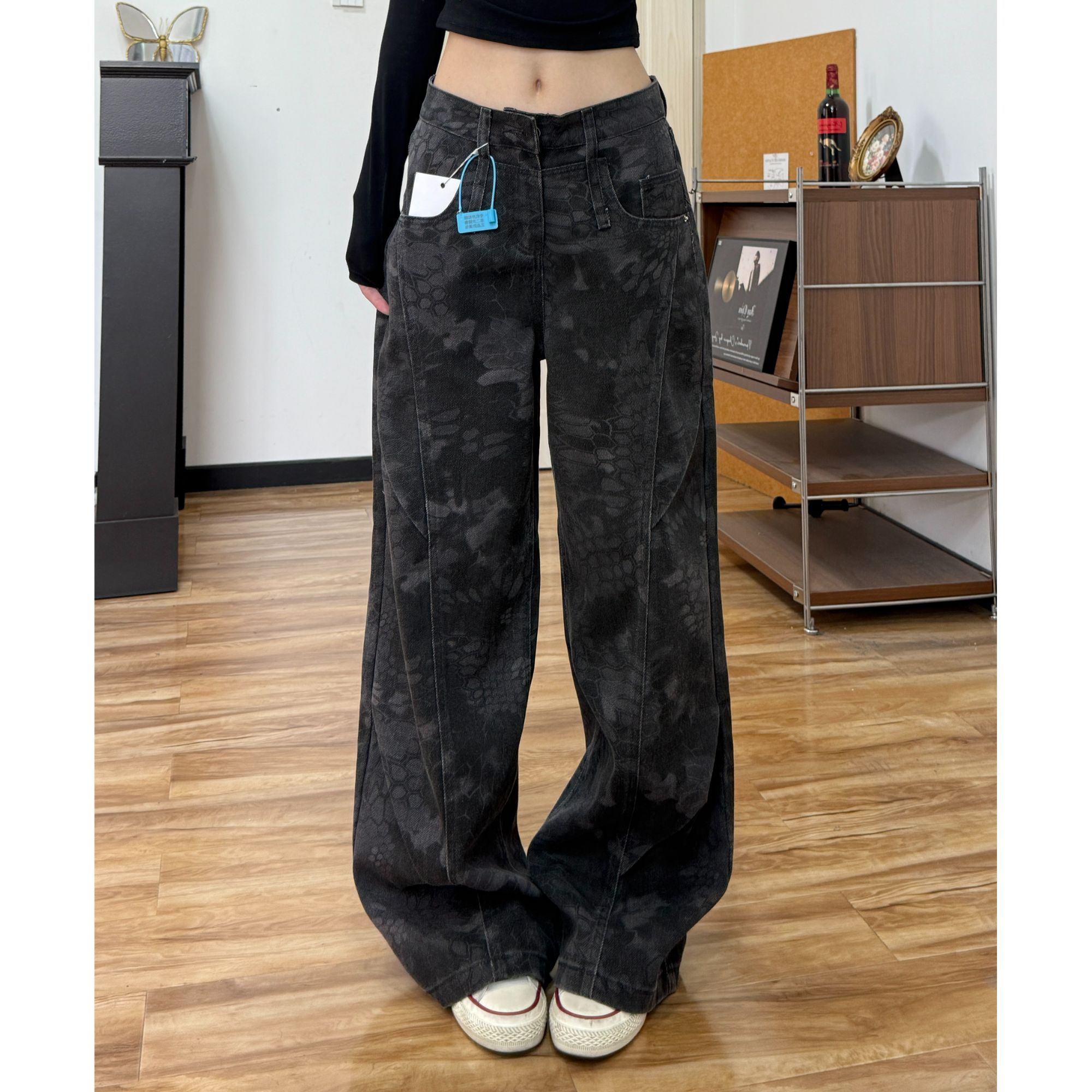 GL 辣妹风阔腿显瘦迷彩印花时尚潮流直筒牛仔裤加绒加厚过年新款