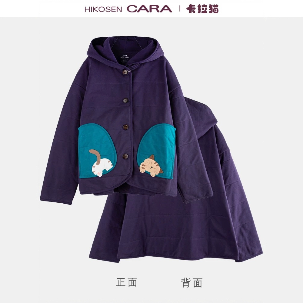 躲猫猫棉服卡拉猫50厚度T恤棉料舒适连帽扭扣棉外套