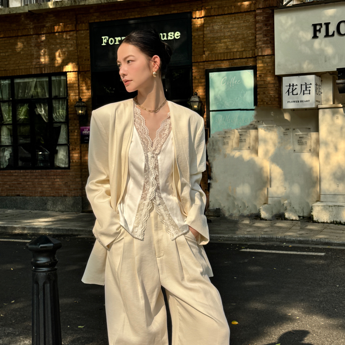 【琪琪怪怪】高级肌理感V领假两件西装显瘦外套