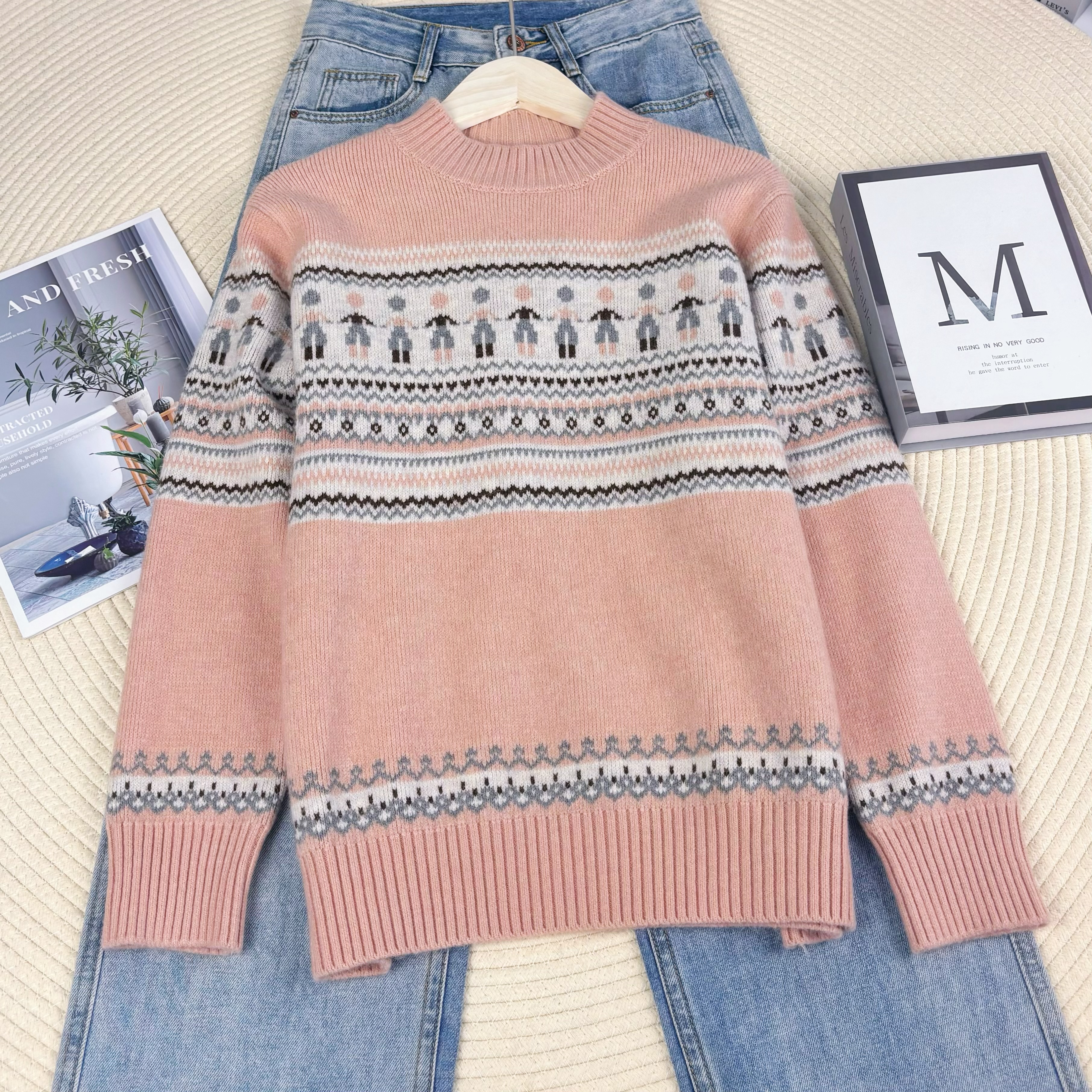 玲姐定制-半高领费尔岛提花慵懒感针织毛衣194523