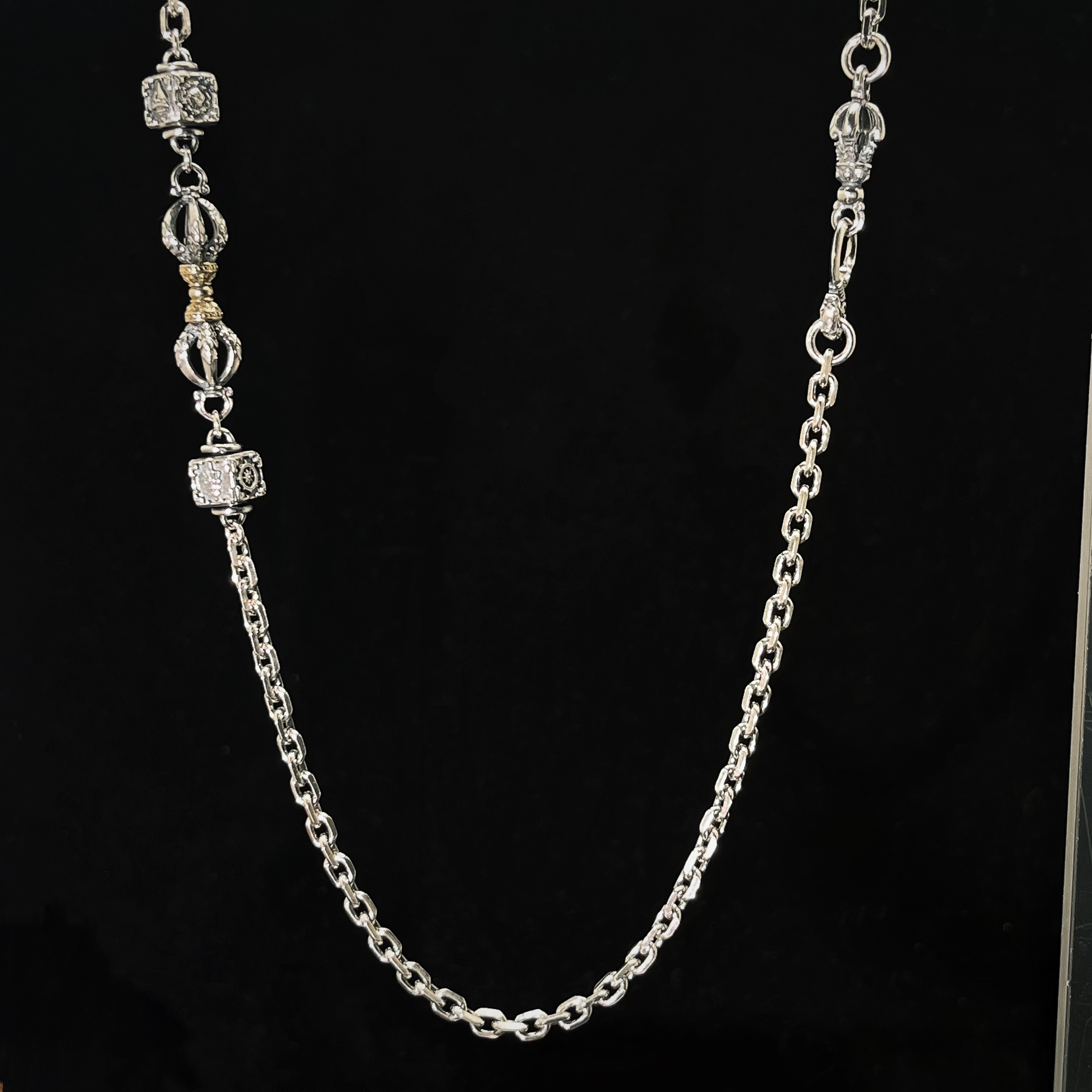 链子925银 纯银S925八宝金刚杵太角项链民族风个性男士降魔杵项链