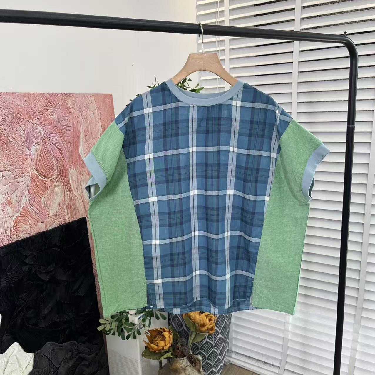 日系色织百搭「宽松圆领拼接」薄料T恤女E5483