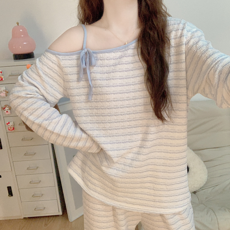 韩系风露肩亲肤棉睡衣女2025新款春秋季条纹长袖可外穿家居服套装