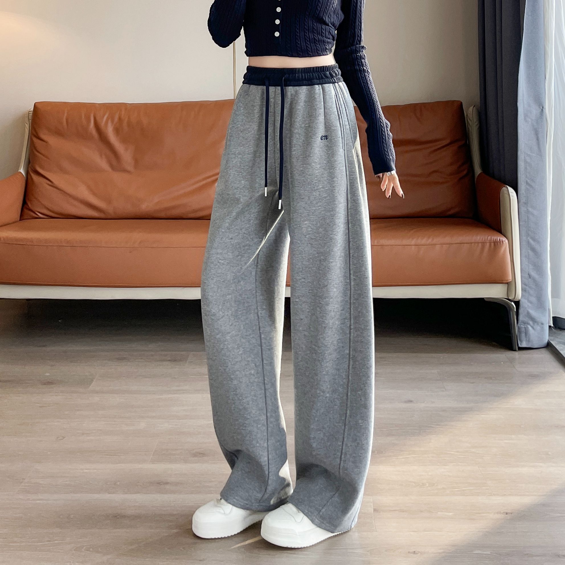 窄版阔腿裤女秋冬季加绒加厚弯刀裤镰刀裤香蕉裤直筒休闲运动卫裤