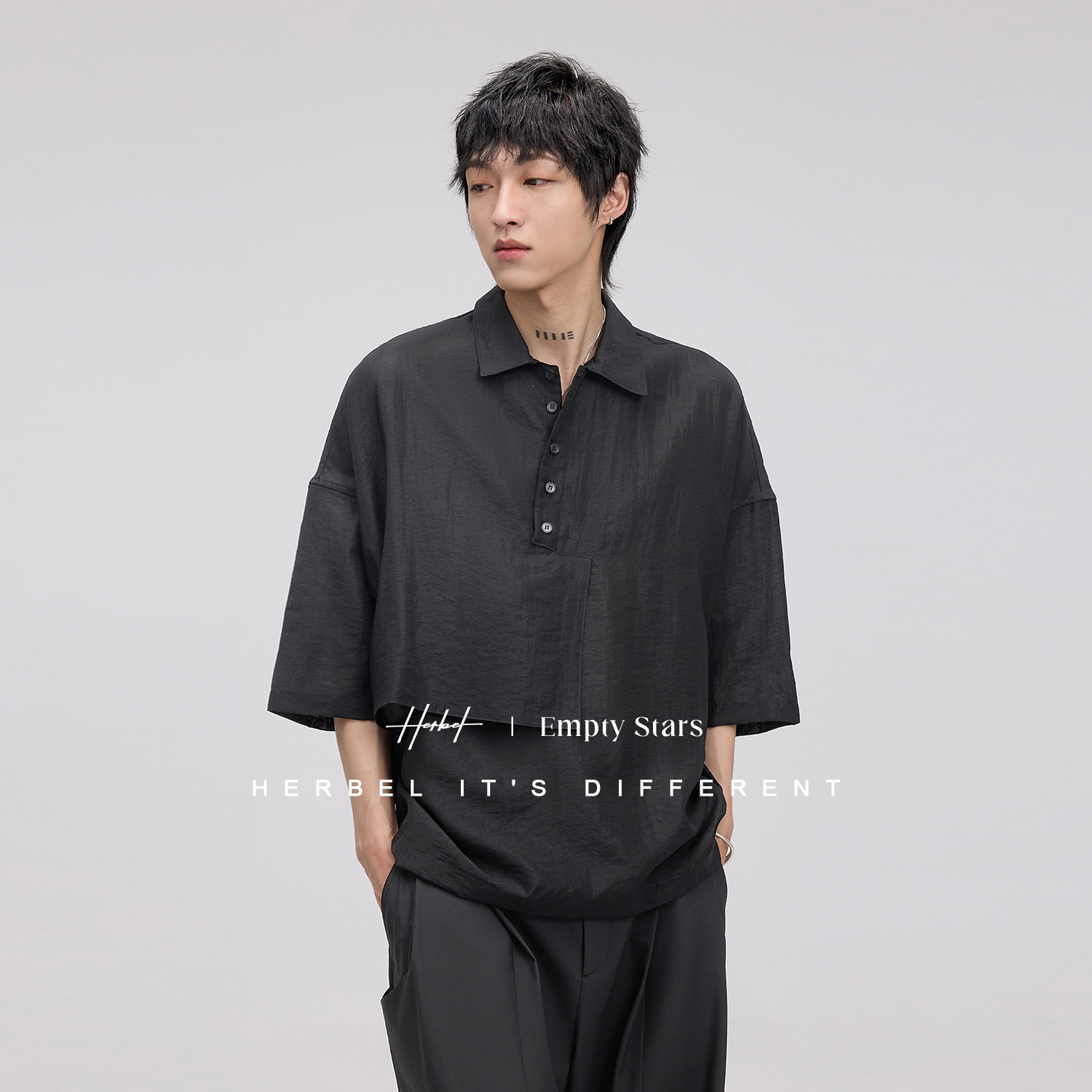 HERBEL/黑白2025薄款亚麻POLO衫宽松男士秋季男士黑白POLO