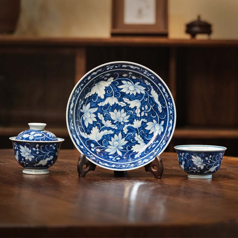 蓝底莲花花卉家用茶具陶瓷纯手工中式