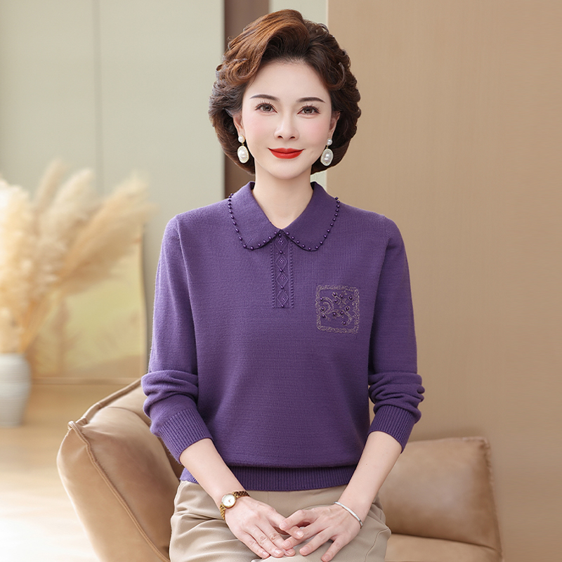 中老年女新款毛衫针织翻领毛衣时尚妈妈秋冬宽松上衣气质长袖T恤