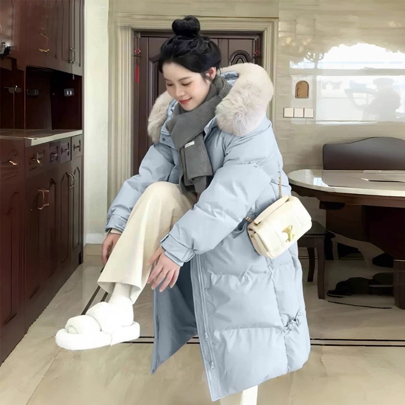 奶蓝色棉服女2025新款韩系宽松中长款过膝大毛领棉衣外套冬装棉袄