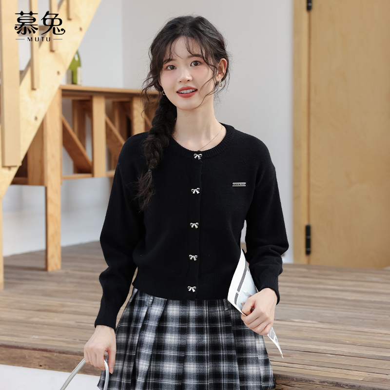 甜美蝴蝶结针织开衫上衣女2025秋季新款宽松显瘦长袖短款毛衣