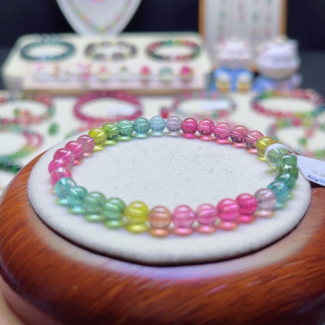 碧玺手链未镶嵌6mm荧光彩虹