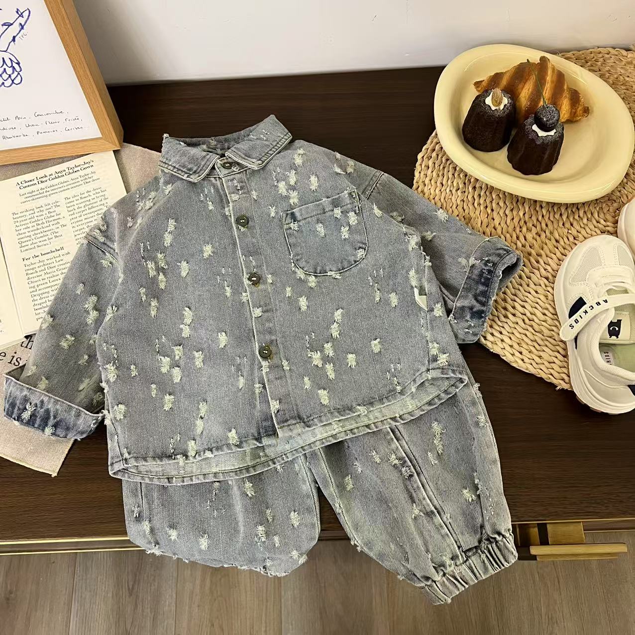 儿童春秋潮酷满身破洞牛仔套装H1973