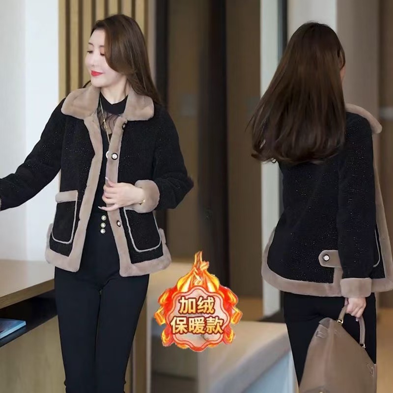 毛呢外套女加绒加厚秋冬季新款妈妈时尚百搭保暖洋气中老年女上衣