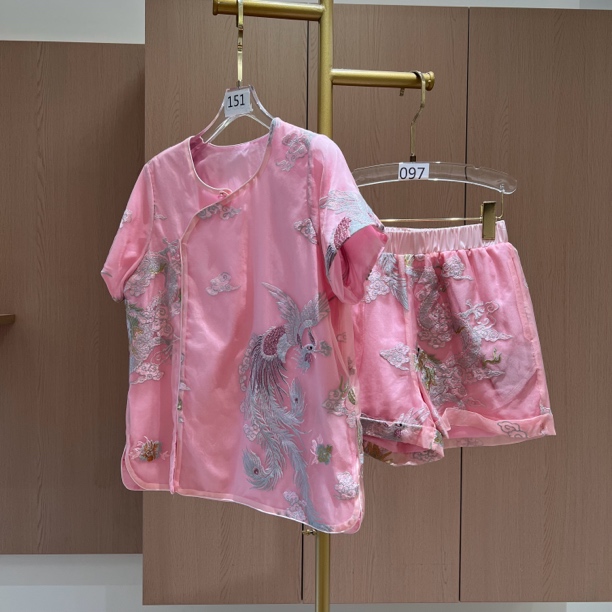 凤凰展翅 时尚新中式重工刺绣桑蚕丝短袖夏季套装