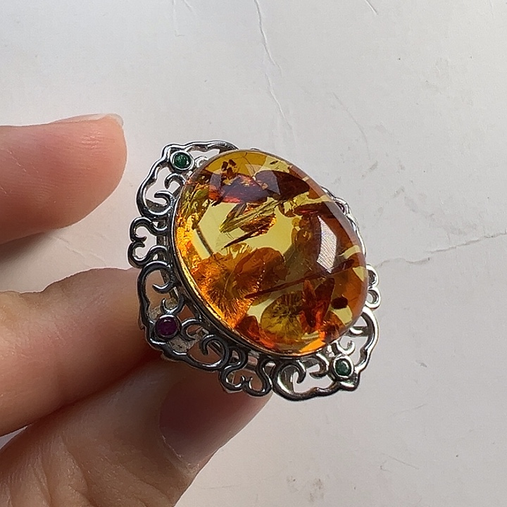 琥珀（花珀）银S925镶嵌戒指