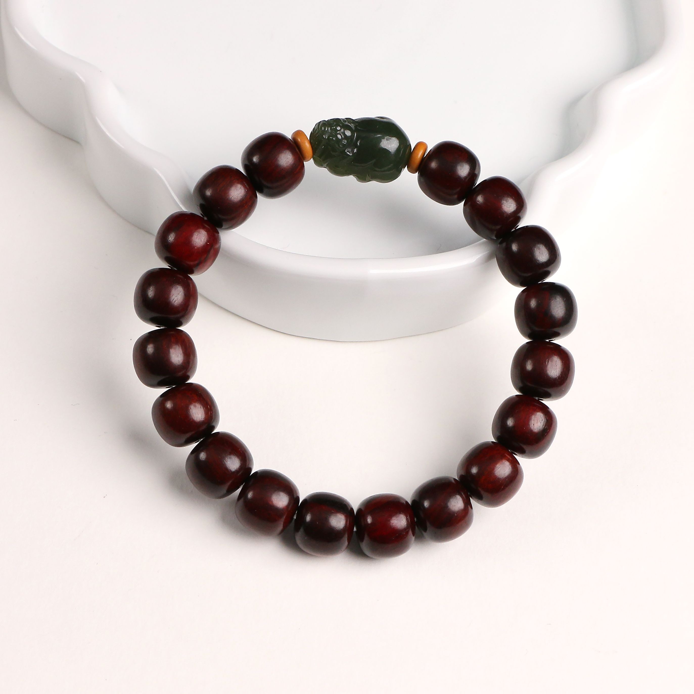 小叶紫檀和田玉貔貅手串-多样性发一-珠径约10.5*9.5mm【T0138】