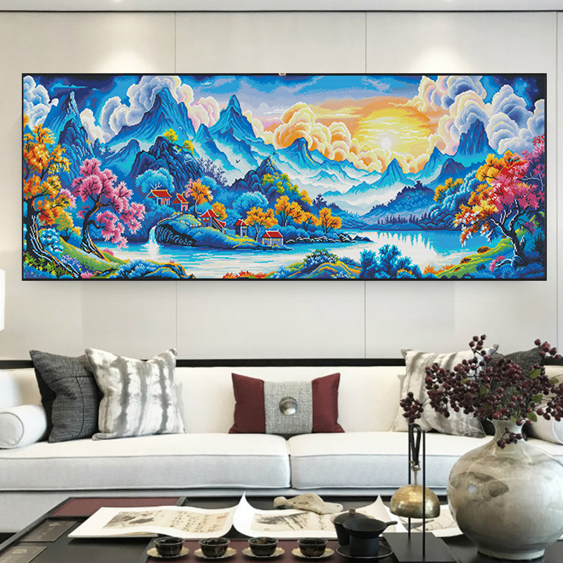 碧波云影十字绣2025新款客厅大气高档风景山水画手工绣刺绣无勾边