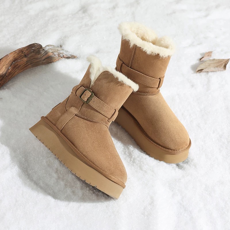 【牛皮羊毛】冬季新款皮带扣一脚蹬加绒加厚中筒翻毛雪地靴