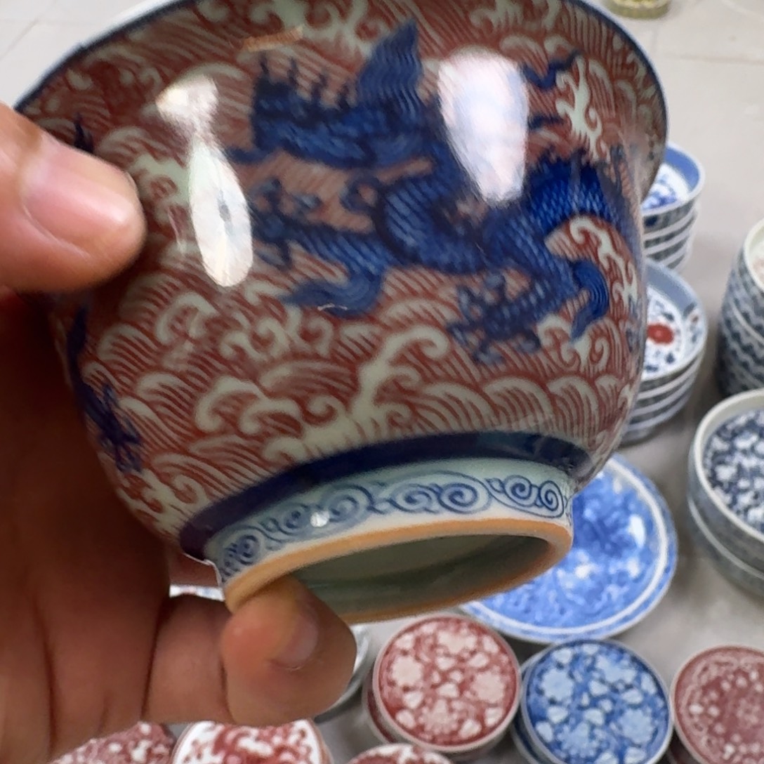 杯青花釉里红海水龙两才盖碗