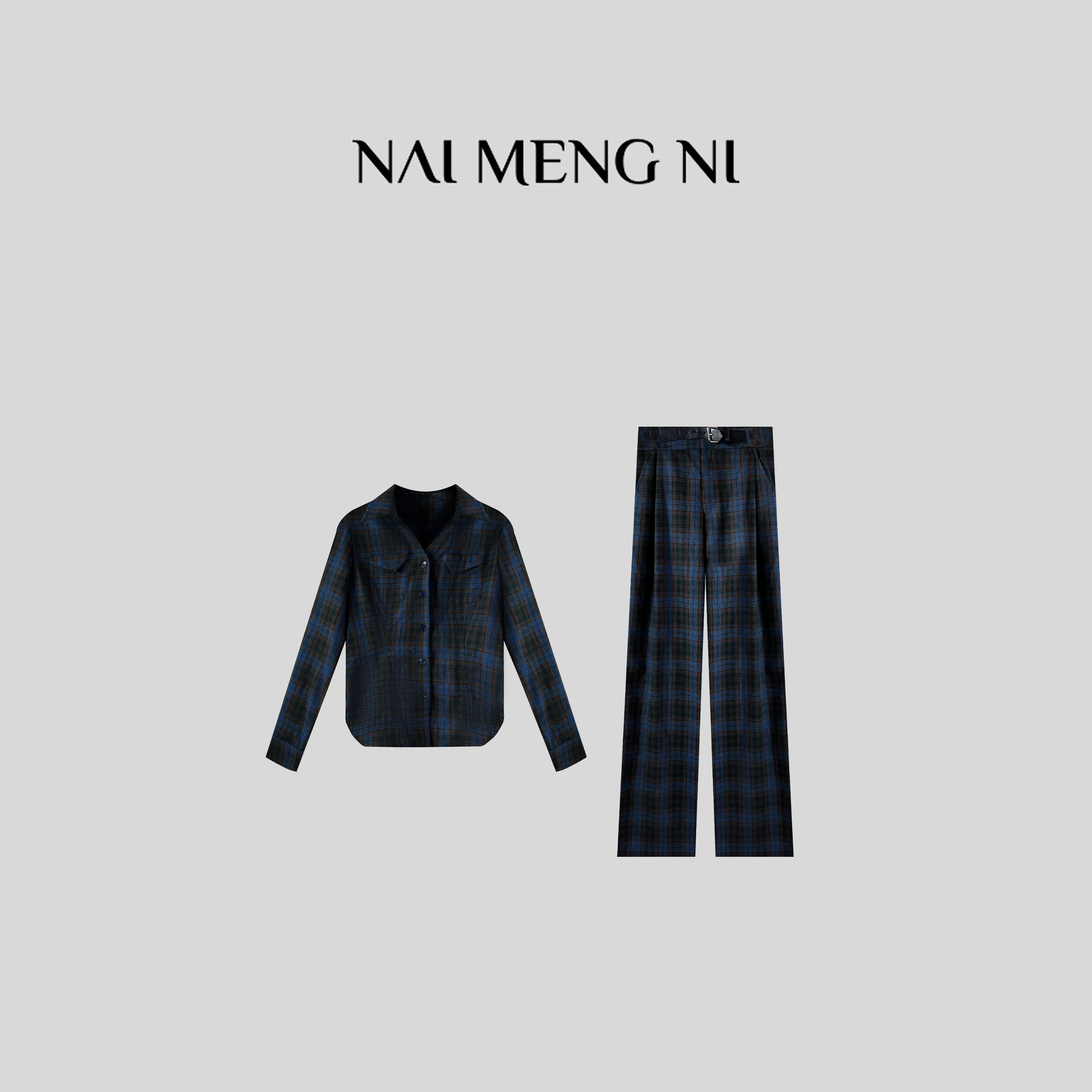 NMN王火火&设计师气质工装口袋格纹长袖衬衫套装 26N56466
