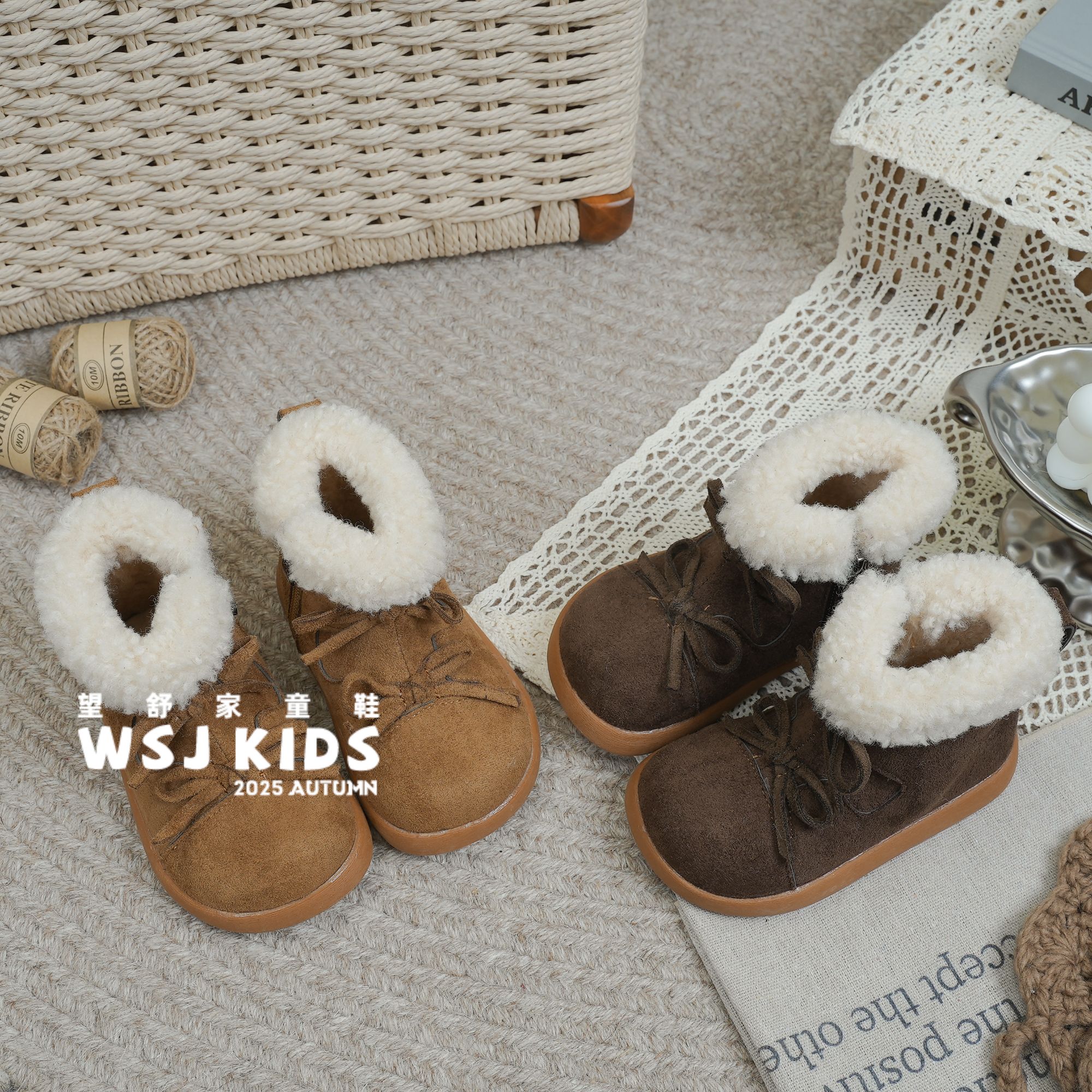 望舒家韩版女童蝴蝶结加绒勃肯鞋秋冬季防滑保暖棉靴马丁靴82