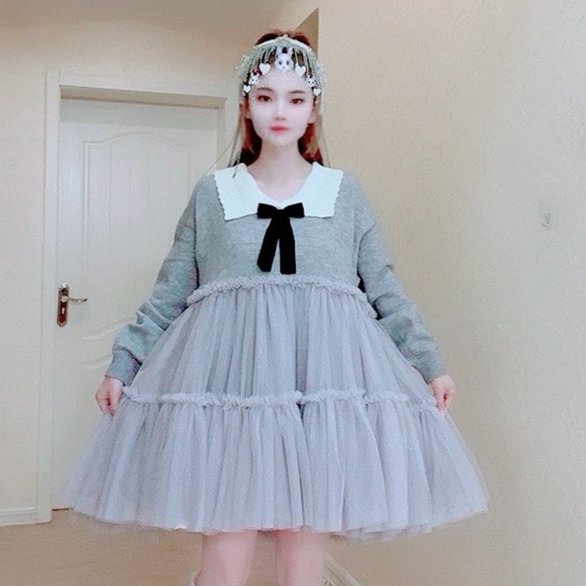 【面条家】5362#秋季长袖针织纱纱拼接毛衣连衣裙