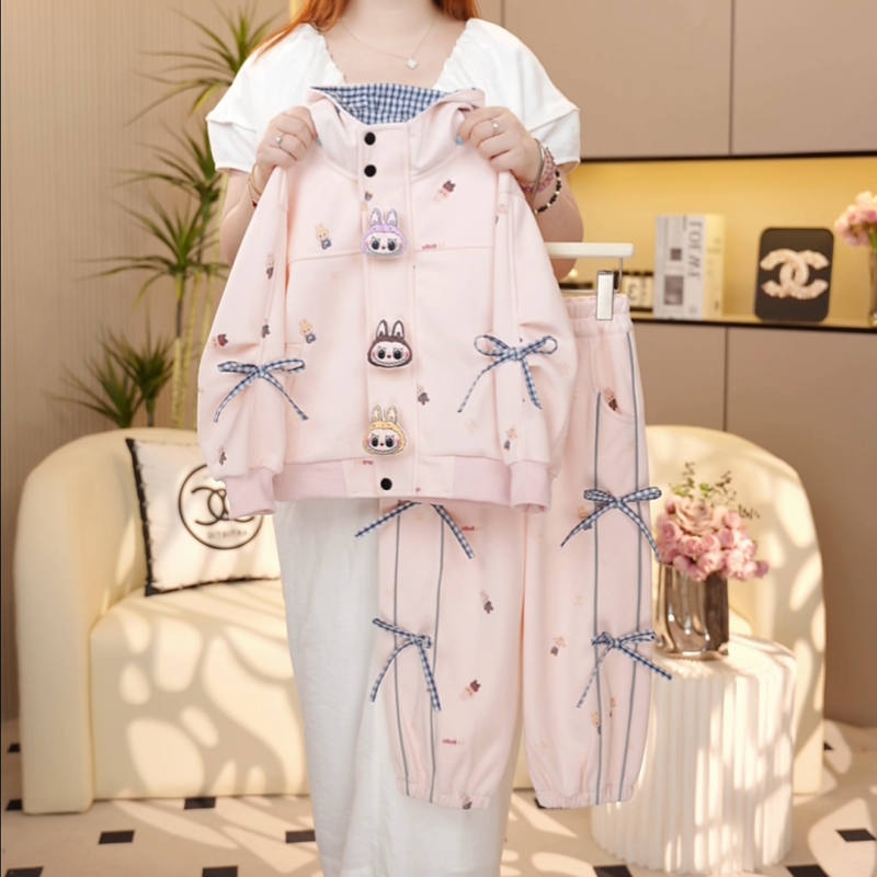 【糖宝魔豆】女童早秋装2025新款秋季洋气女孩连帽休闲卡通外套套装