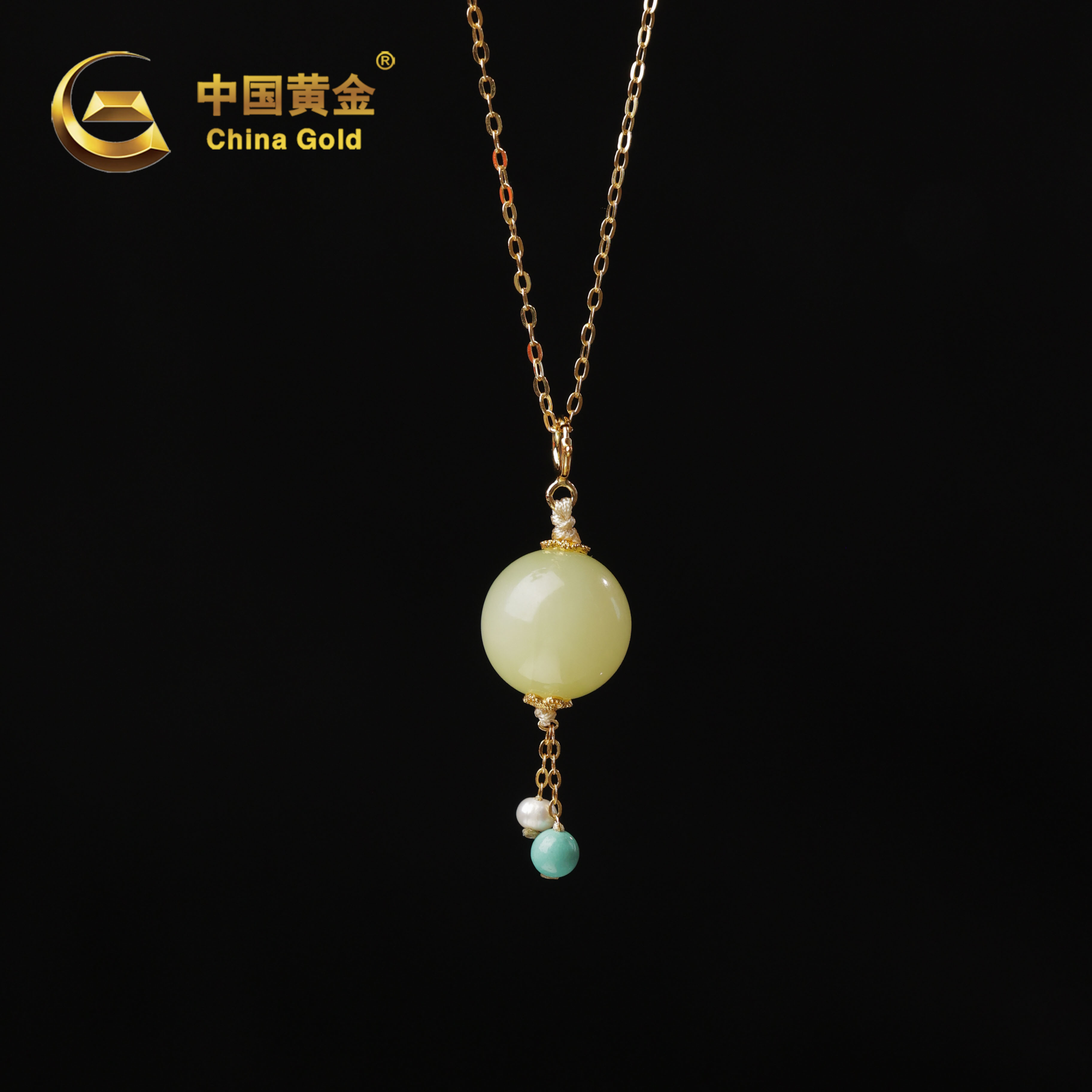  【中国黄金】S925银和田玉黄口圆珠吊坠-D8732-【北】