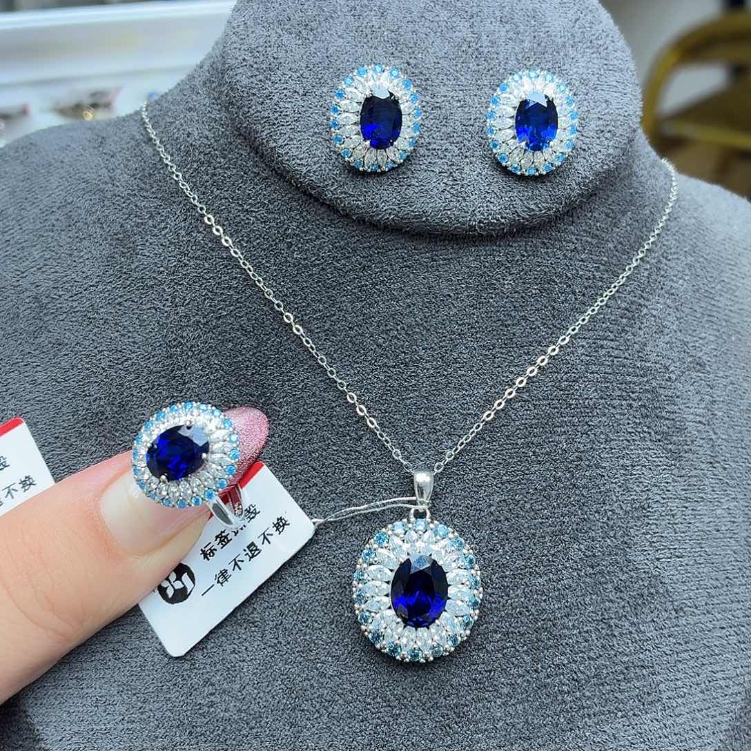 925银培育皇家蓝色宝石套装（赠链）