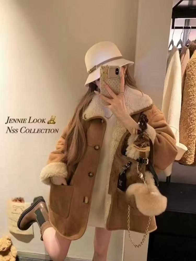 中长款翻领冬季千金风女毛呢外套加绒毛绒百搭小香风